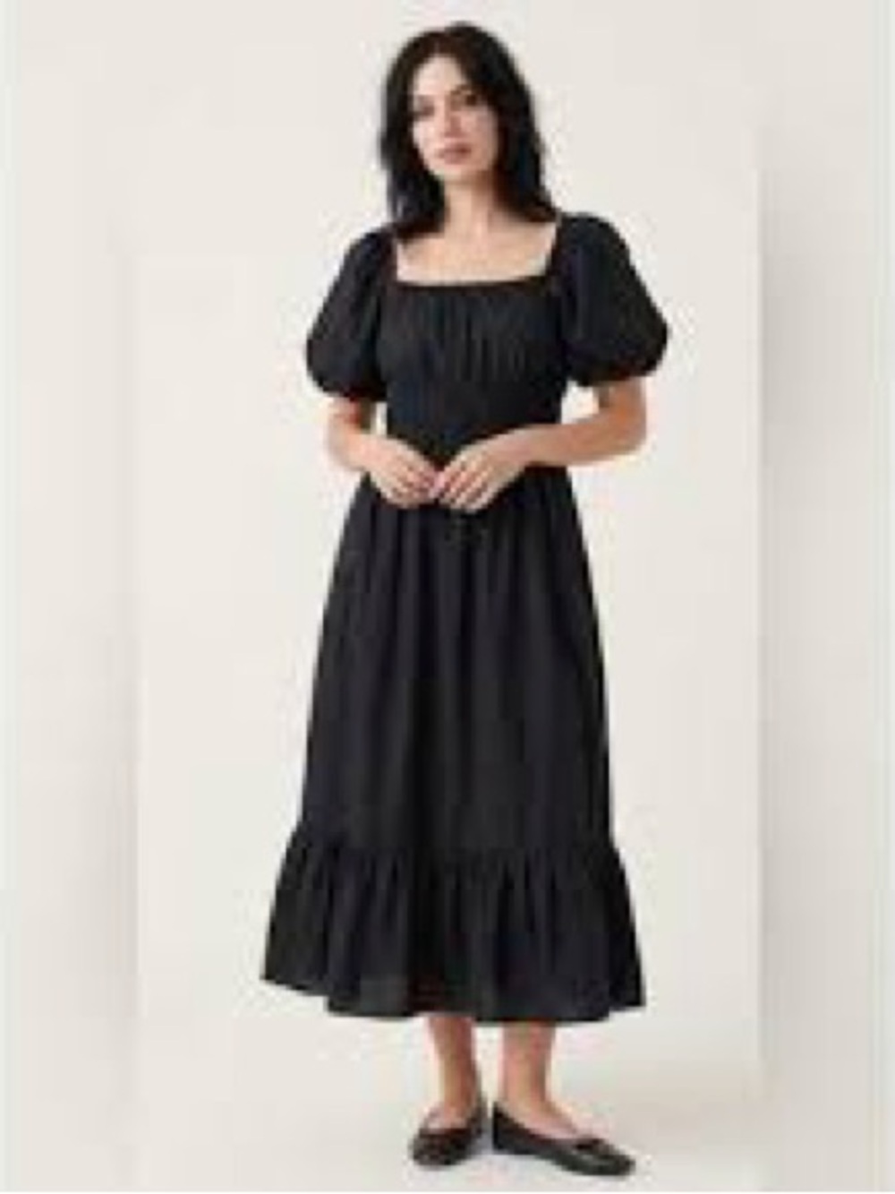 Dizzy Lizzy Wms Black Cotton Pleated Puff Sleeve Ruffle Milkmaid Midi Dress M